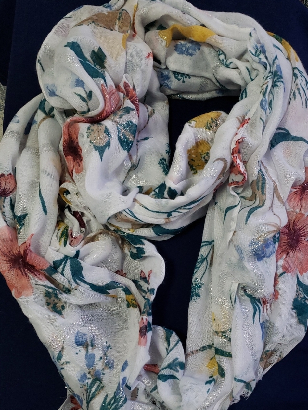 Floral White Lightweight Scarf with Metallic Accent